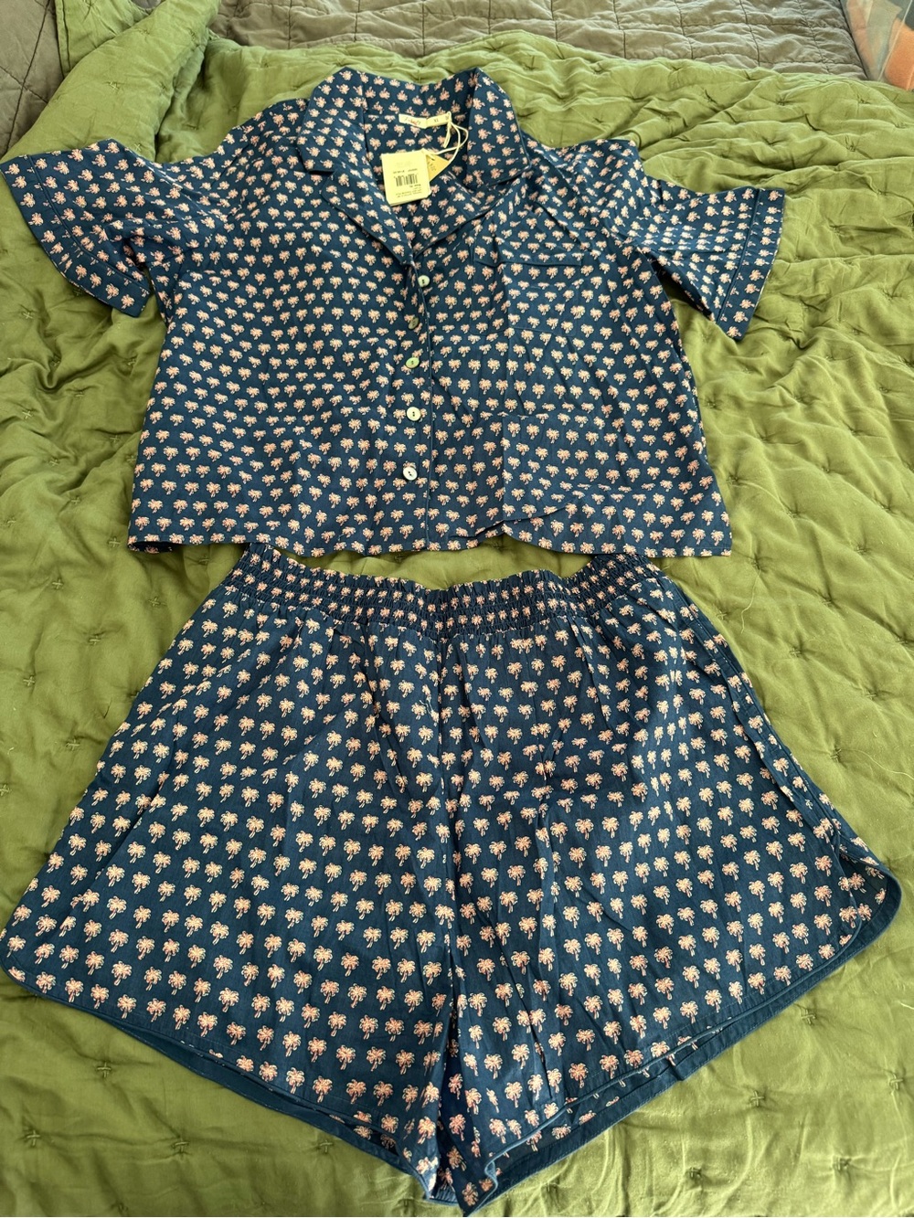 Women’s Navy Palm-Print cotton Pajama Set - Short Sleeve Top & Shorts